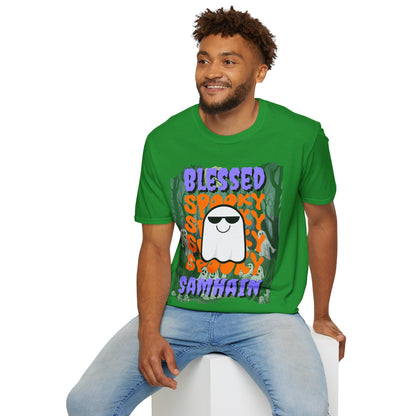 Spooky Blessed Samhain Ghost Purple font Unisex T-Shirt by CreepyCrafts.boo