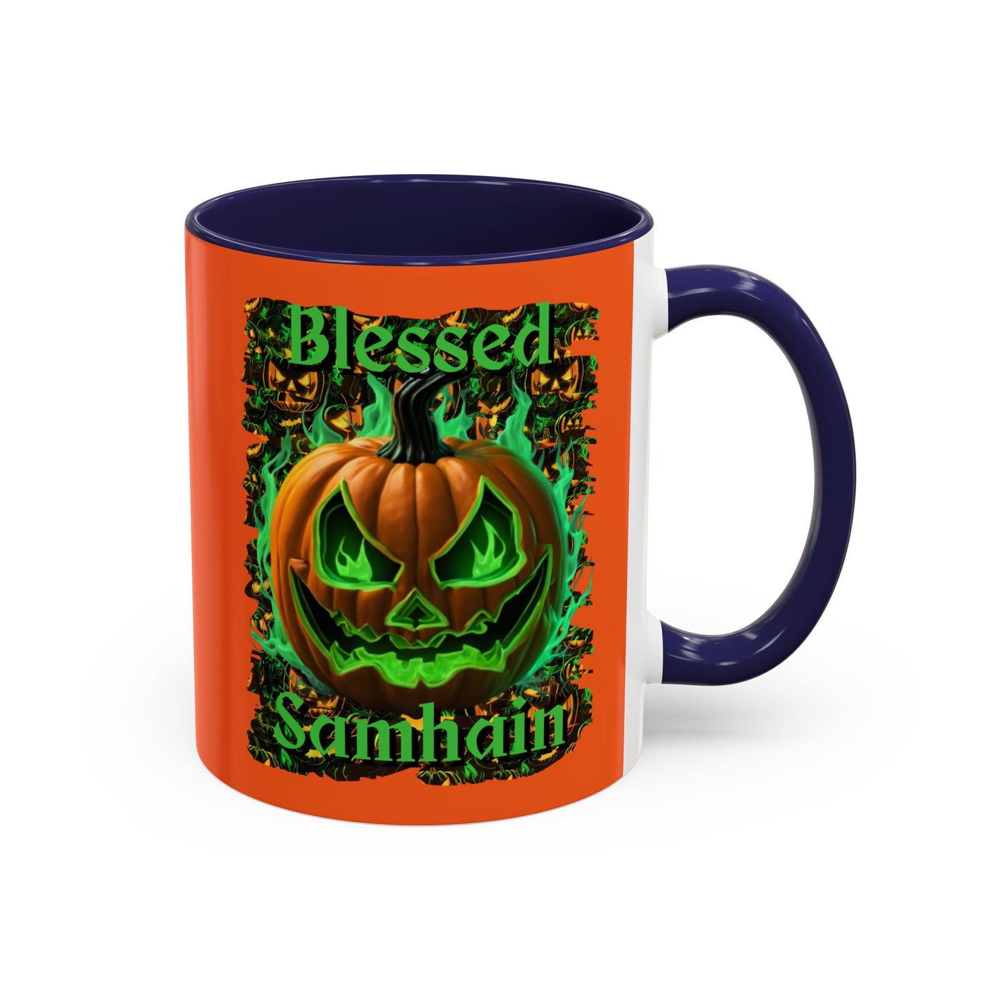 Blessed Samhain Green Jack Orange Accent Mug by CreepyCrafts.boo