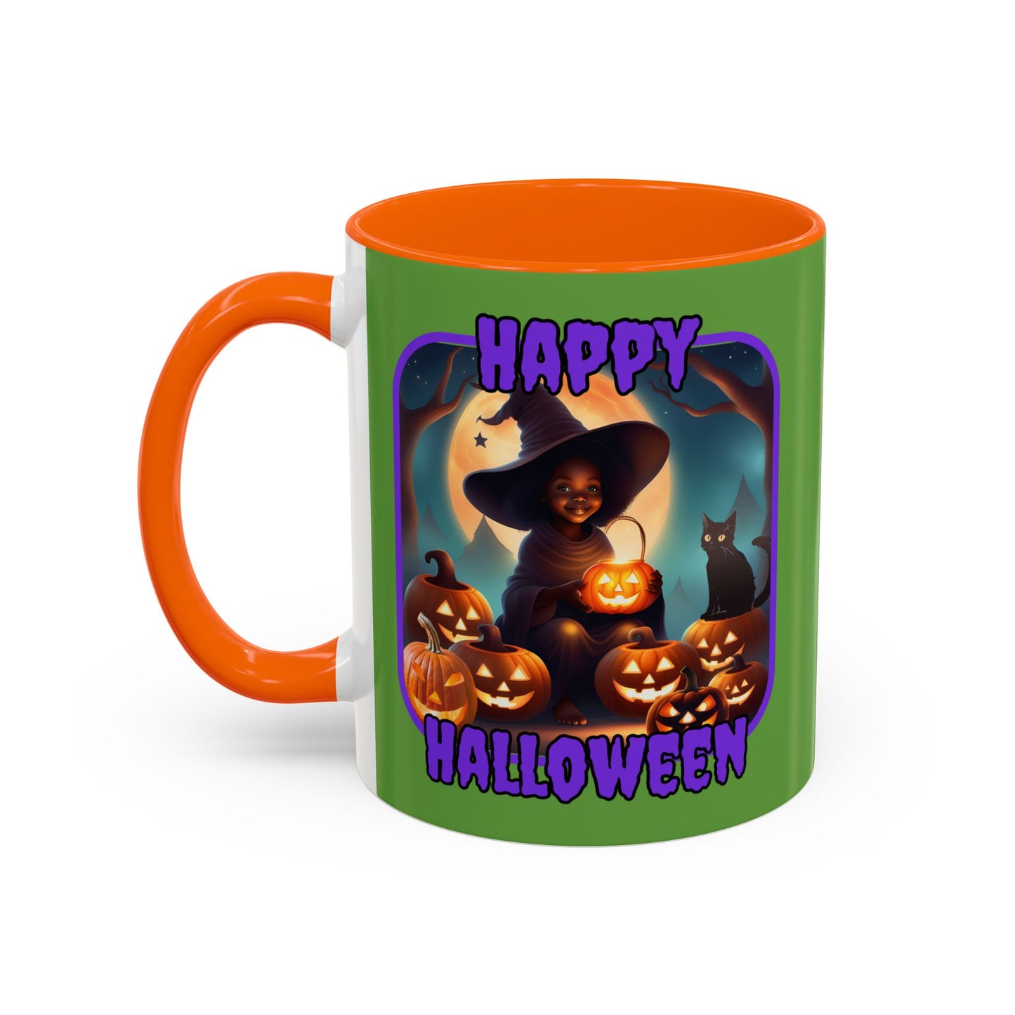 Happy Halloween Cute Witch Purple font Green Accent Mug by CreepyCrafts.boo
