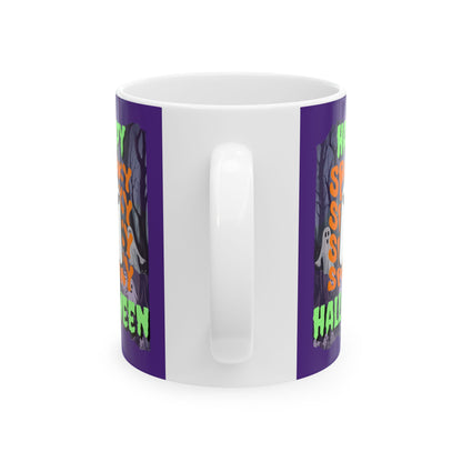 Spooky Happy Halloween Ghost GNfont Purple Mug by cypherpunkgear