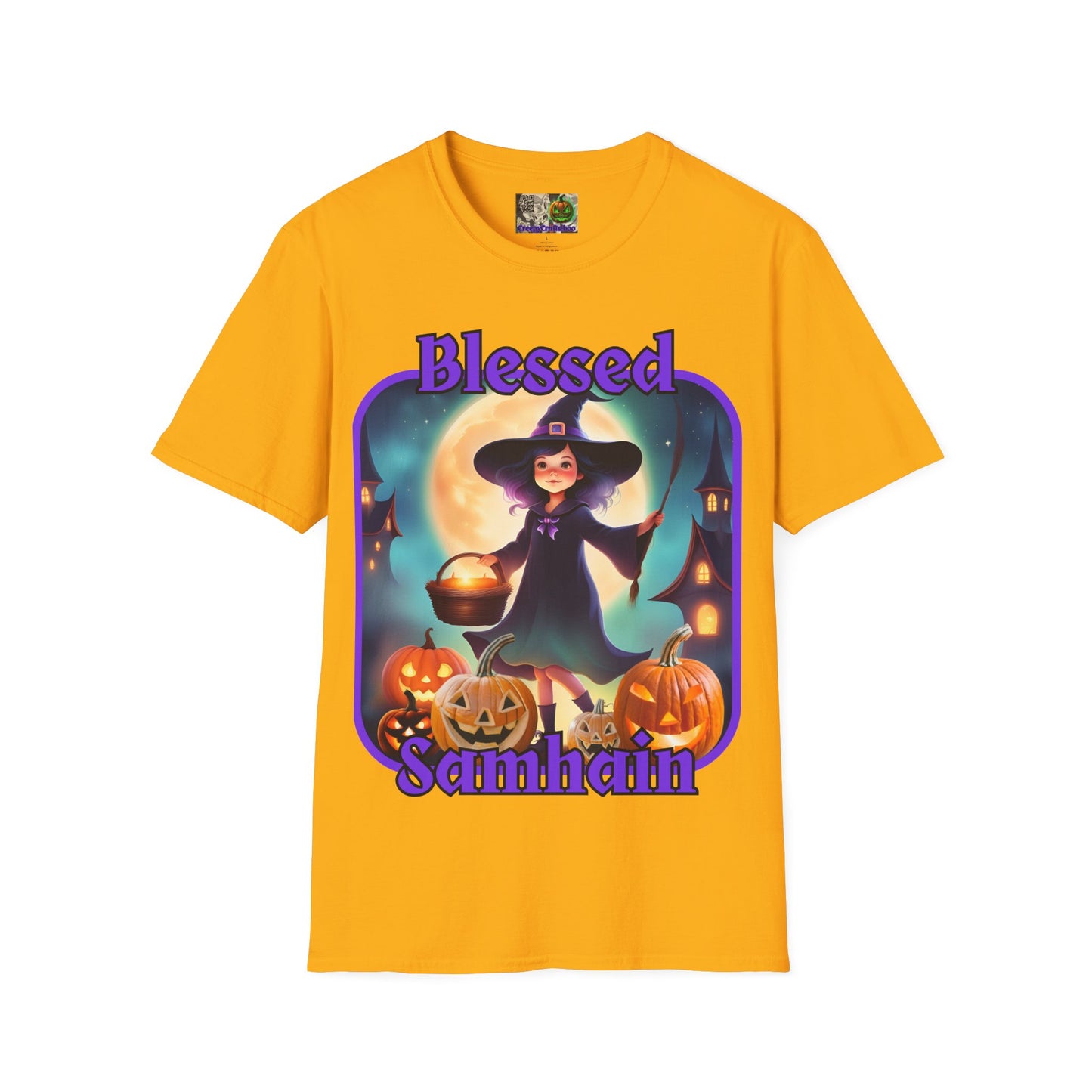 Blessed Samhain Little Witch Purple font Light colors Unisex T-Shirt by CreepyCrafts.boo