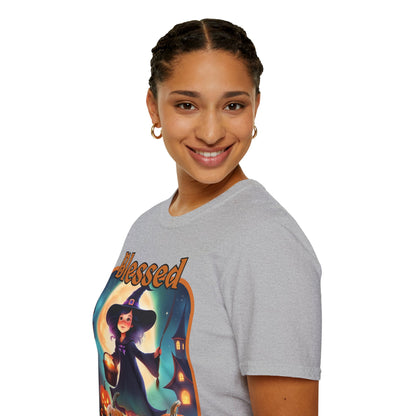 Blessed Samhain Little Witch Orange font Light colors Unisex T-Shirt by CreepyCrafts.boo