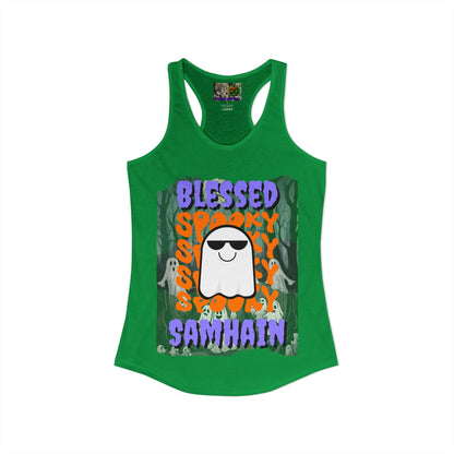 Spooky Blessed Samhain Ghost Purple font Women's Racerback Tank Top by CreepyCrafts.boo