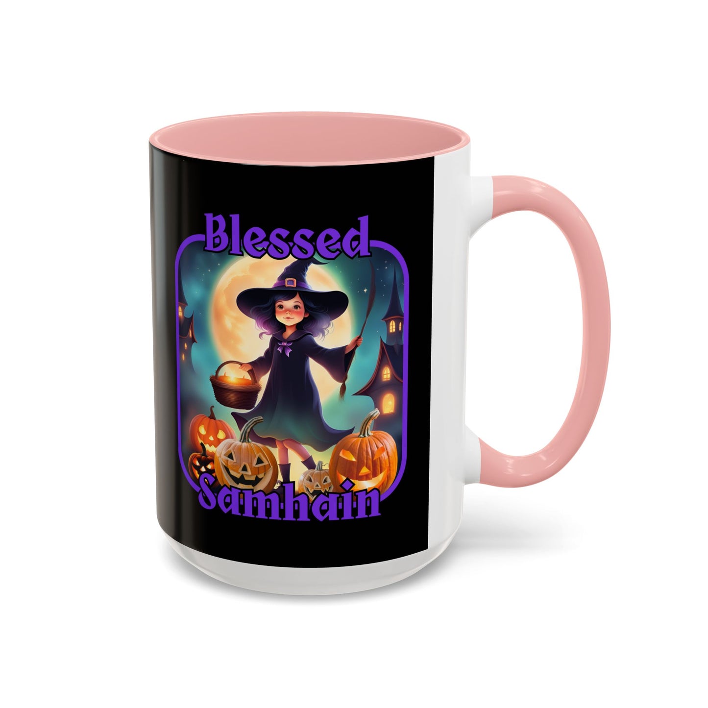 Blessed Samhain Little Witch Purple font Black Accent Mug by CreepyCrafts.boo