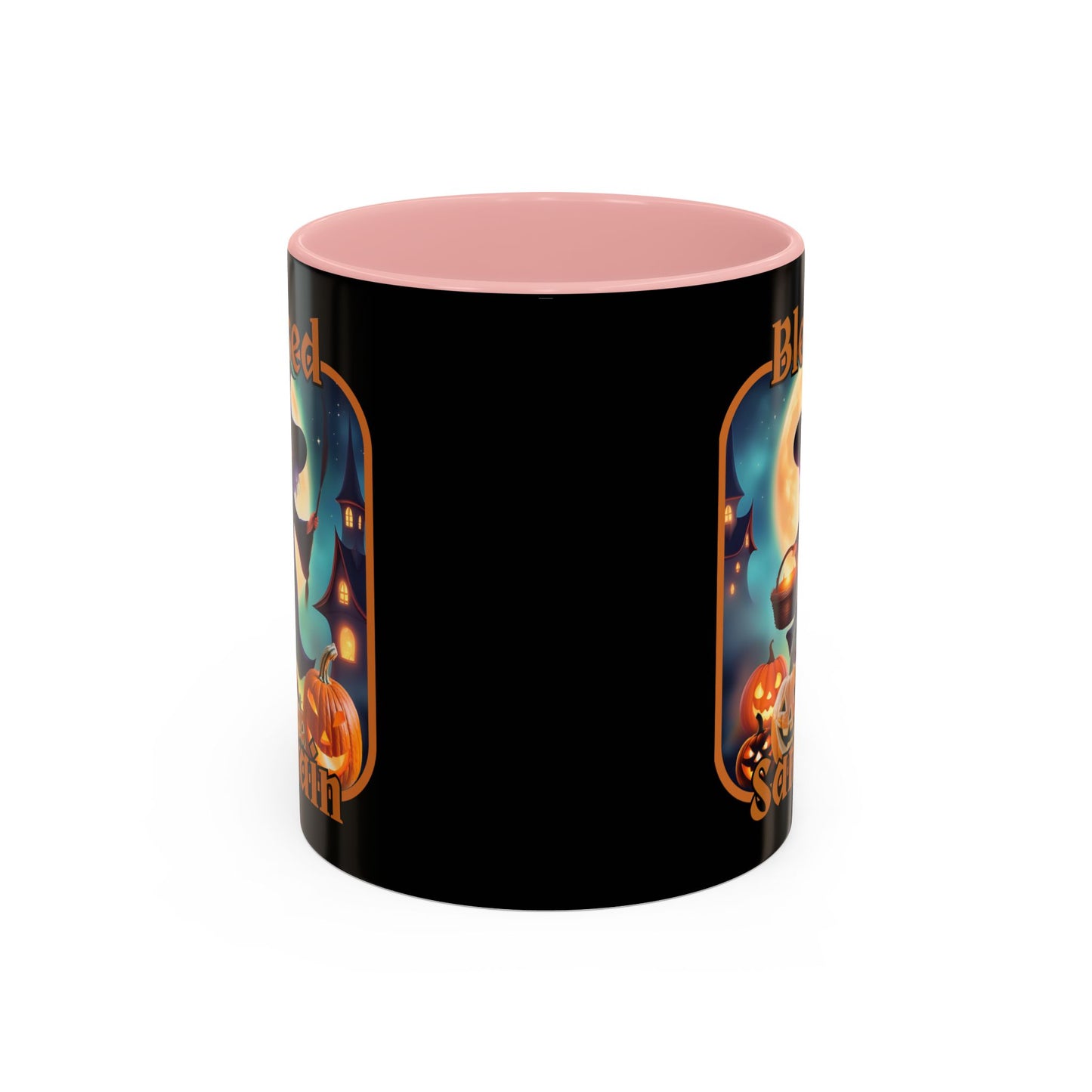 Blessed Samhain Little Witch Orange font Black Accent Mug by CreepyCrafts.boo