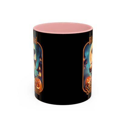 Blessed Samhain Little Witch Orange font Black Accent Mug by CreepyCrafts.boo