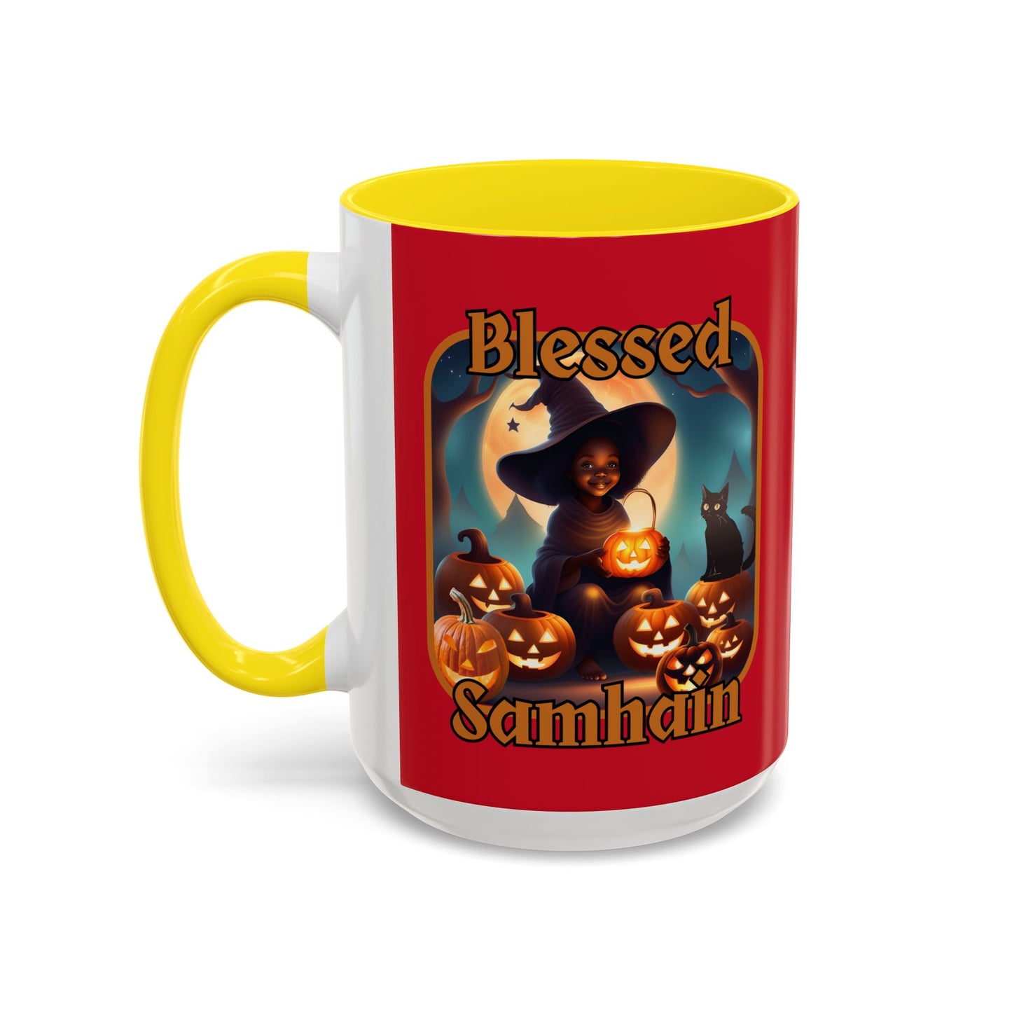 Blessed Samhain Cute Witch Orange font Red Accent Mug by CreepyCrafts.boo