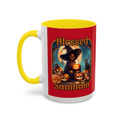 Blessed Samhain Cute Witch Orange font Red Accent Mug by CreepyCrafts.boo