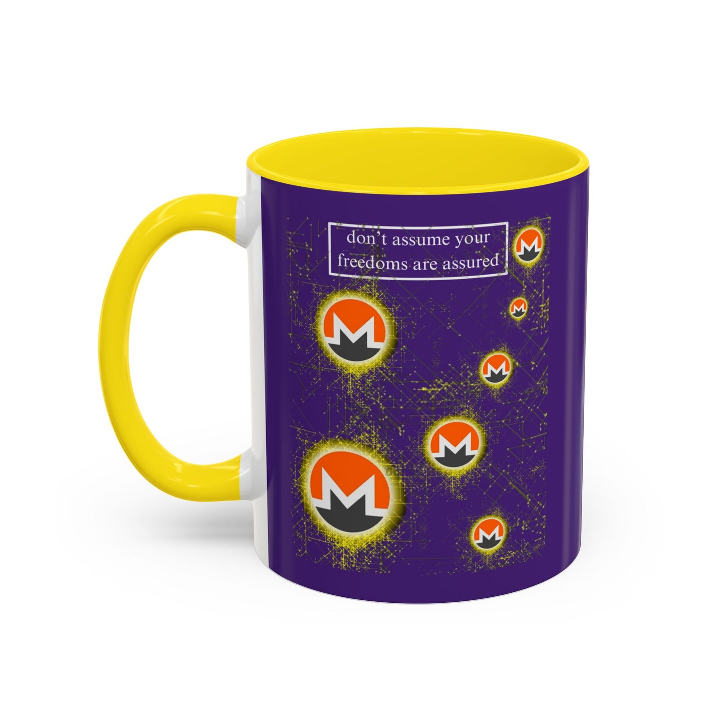Monero (XMR) don't assume your freedoms are assured Purple Accent Mug by cypherpunkgear.com