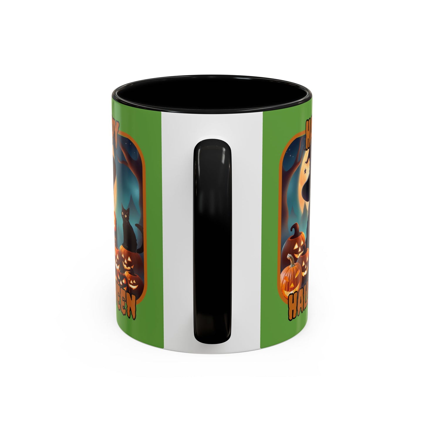 Happy Halloween Cute Witch Orange font Green Accent Mug by CreepyCrafts.boo