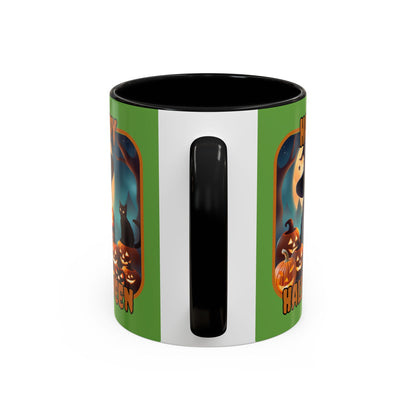 Happy Halloween Cute Witch Orange font Green Accent Mug by CreepyCrafts.boo