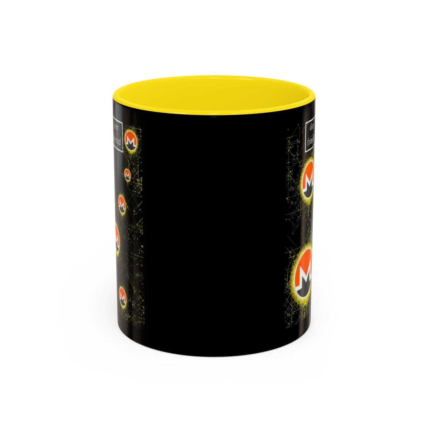 Monero (XMR) don't assume your freedoms are assured Black Accent Mug by cypherpunkgear.com