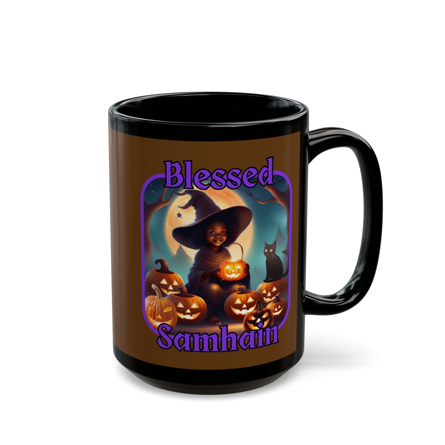 Blessed Samhain Cute Witch Purple font Brown Mug by CreepyCrafts.boo
