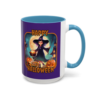 Happy Halloween Little Witch Orange font Purple Accent Mug by CreepyCrafts.boo