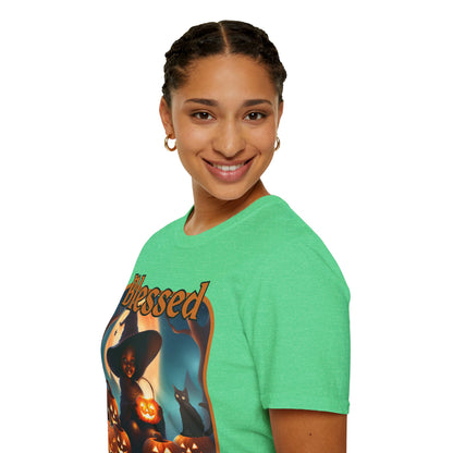 Blessed Samhain Cute Witch Orange font Dark colors Unisex T-Shirt by CreepyCrafts.boo