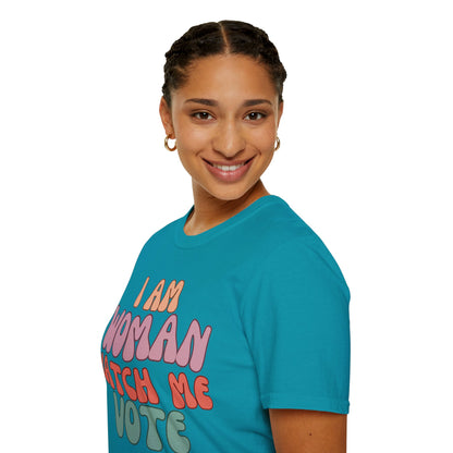 2-sided I Am Woman Watch Me Vote DKcolors Unisex T-Shirt by cypherpunkgear