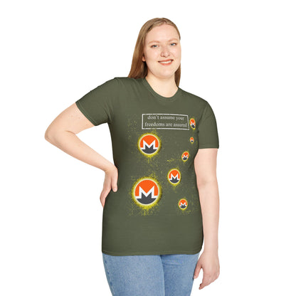 Monero (XMR) don't assume your freedoms are assured Dark colors Unisex T-Shirt by cypherpunkgear.com