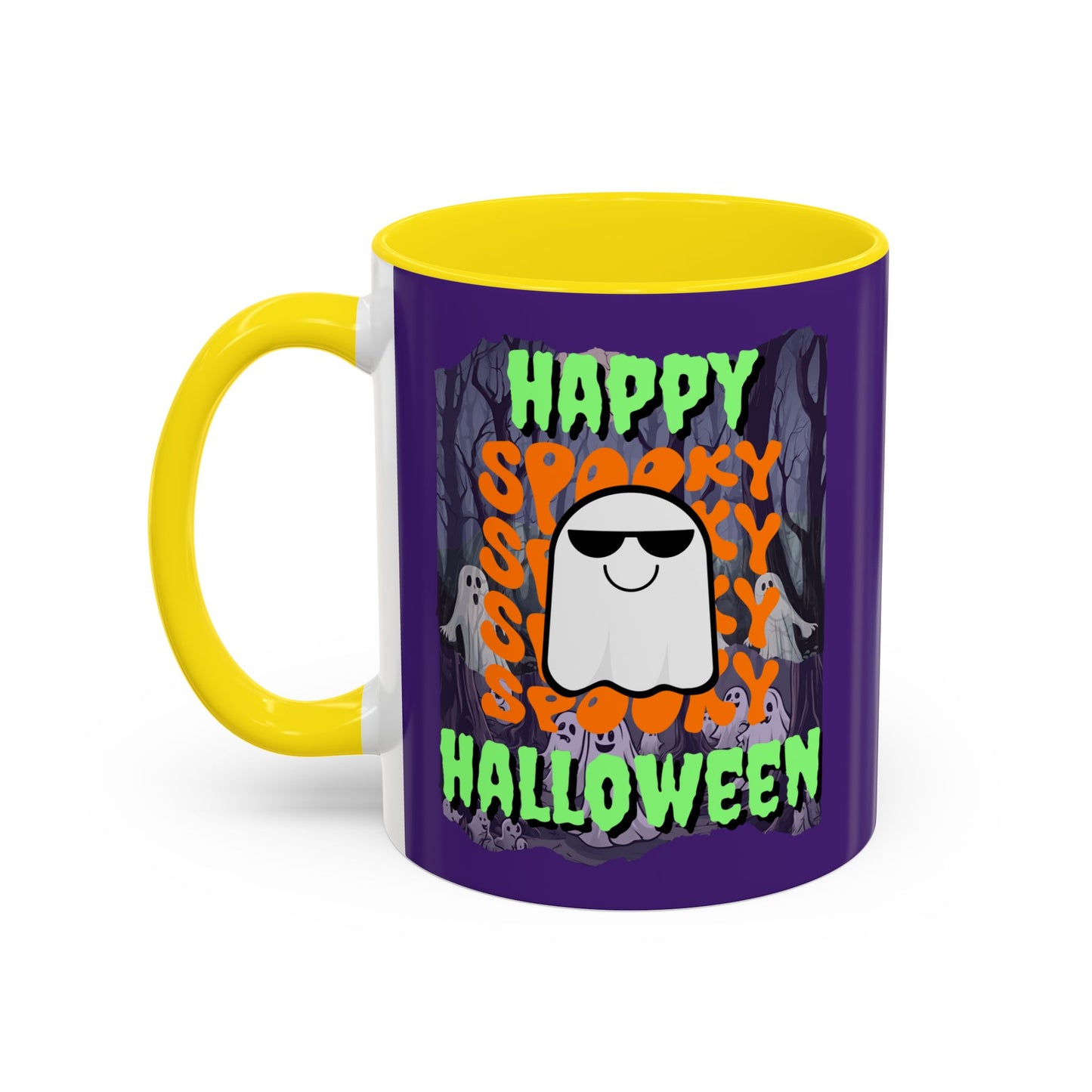 Spooky Happy Halloween Ghost Green font Purple Accent Mug by CreepyCrafts.boo