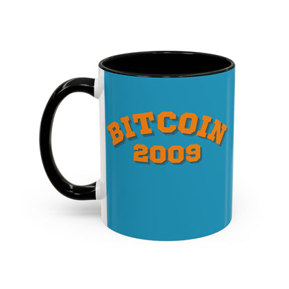 Bitcoin 2009 Turquoise Accent Mug by cypherpunkgear.com