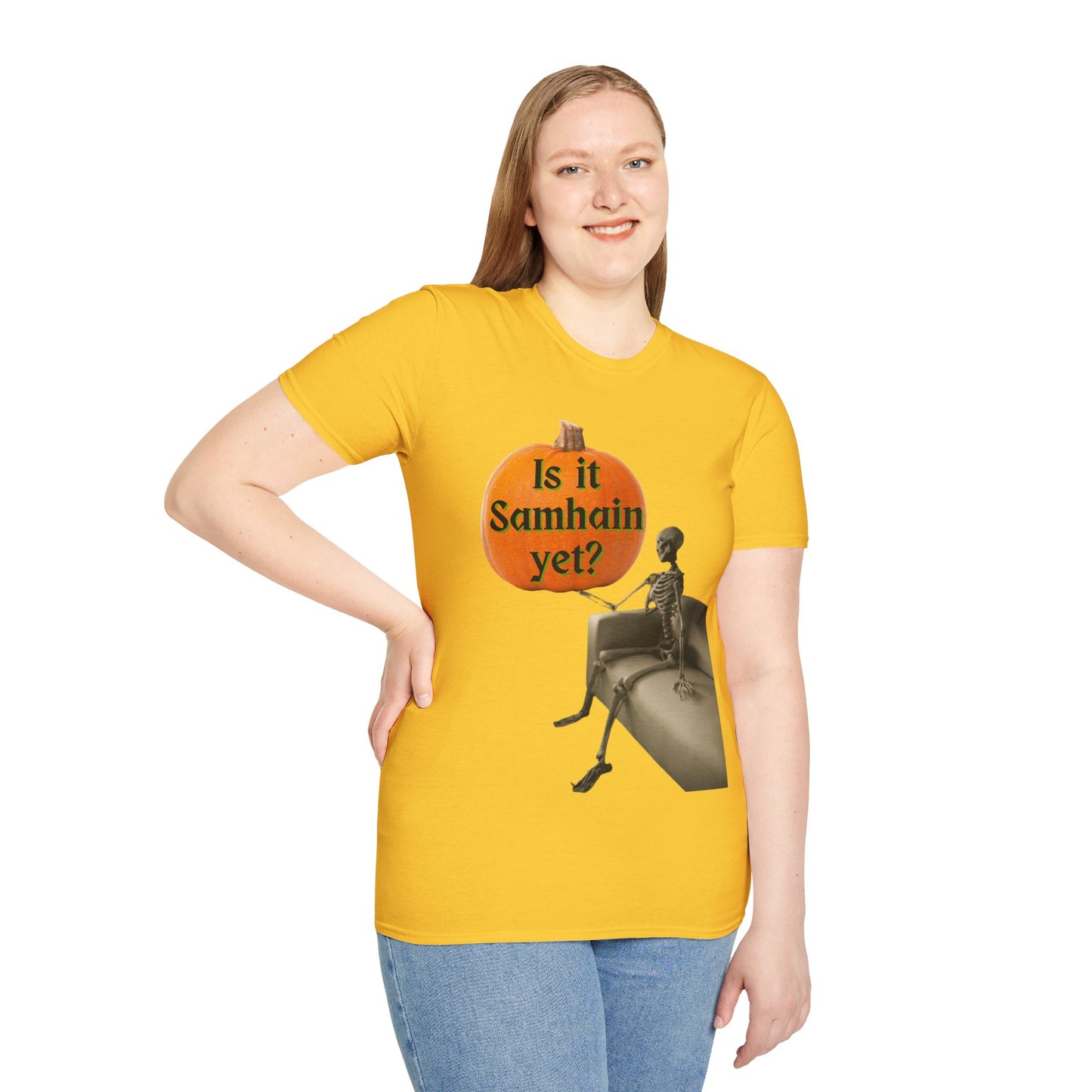Is it Samhain yet? Skeleton's Pumpkin Light colors Unisex T-Shirt by CreepyCrafts.boo