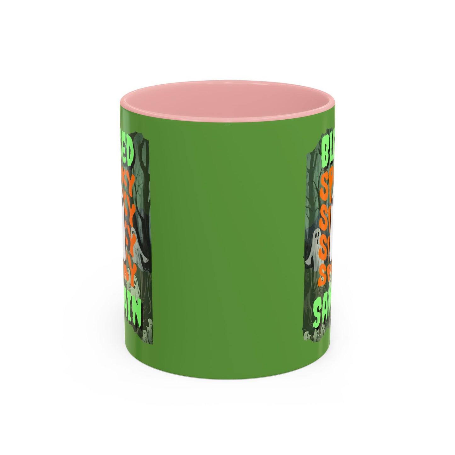 Spooky Blessed Samhain Ghost Green font Accent Mug by CreepyCrafts.boo
