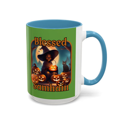 Blessed Samhain Cute Witch Orange font Green Accent Mug by CreepyCrafts.boo