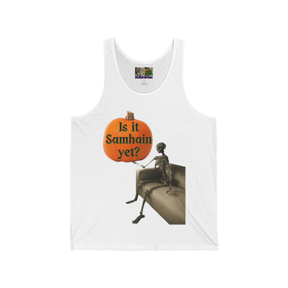 Is it Samhain yet? Skeleton's Pumpkin Unisex Jersey Tank Top by CreepyCrafts.boo