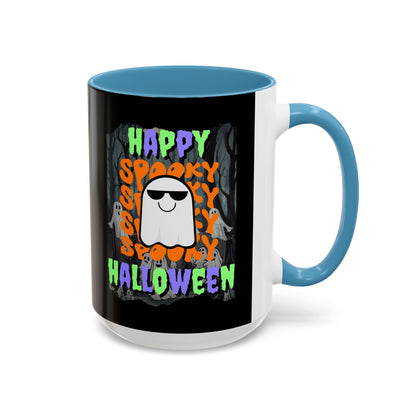 Spooky Happy Halloween Ghost Mixed font Black Accent Mug by CreepyCrafts.boo