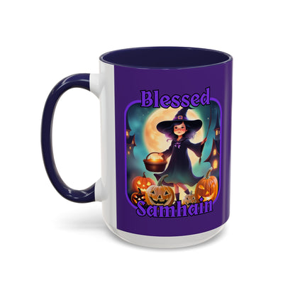 Blessed Samhain Little Witch Purple font Purple Accent Mug by CreepyCrafts.boo