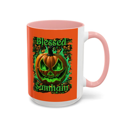 Blessed Samhain Green Jack Orange Accent Mug by CreepyCrafts.boo