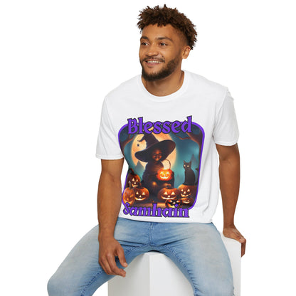 Blessed Samhain Cute Witch Purple font Light colors Unisex T-Shirt by CreepyCrafts.boo