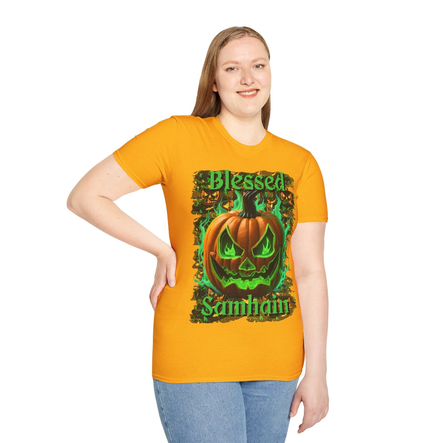 Blessed Samhain Green Jack Light colors Unisex T-Shirt by CreepyCrafts.boo