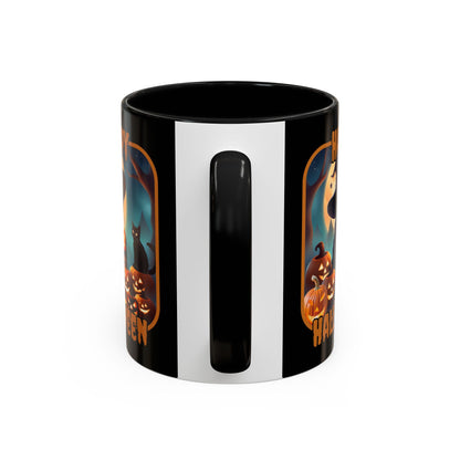 Happy Halloween Cute Witch Orange font Black Accent Mug by CreepyCrafts.boo