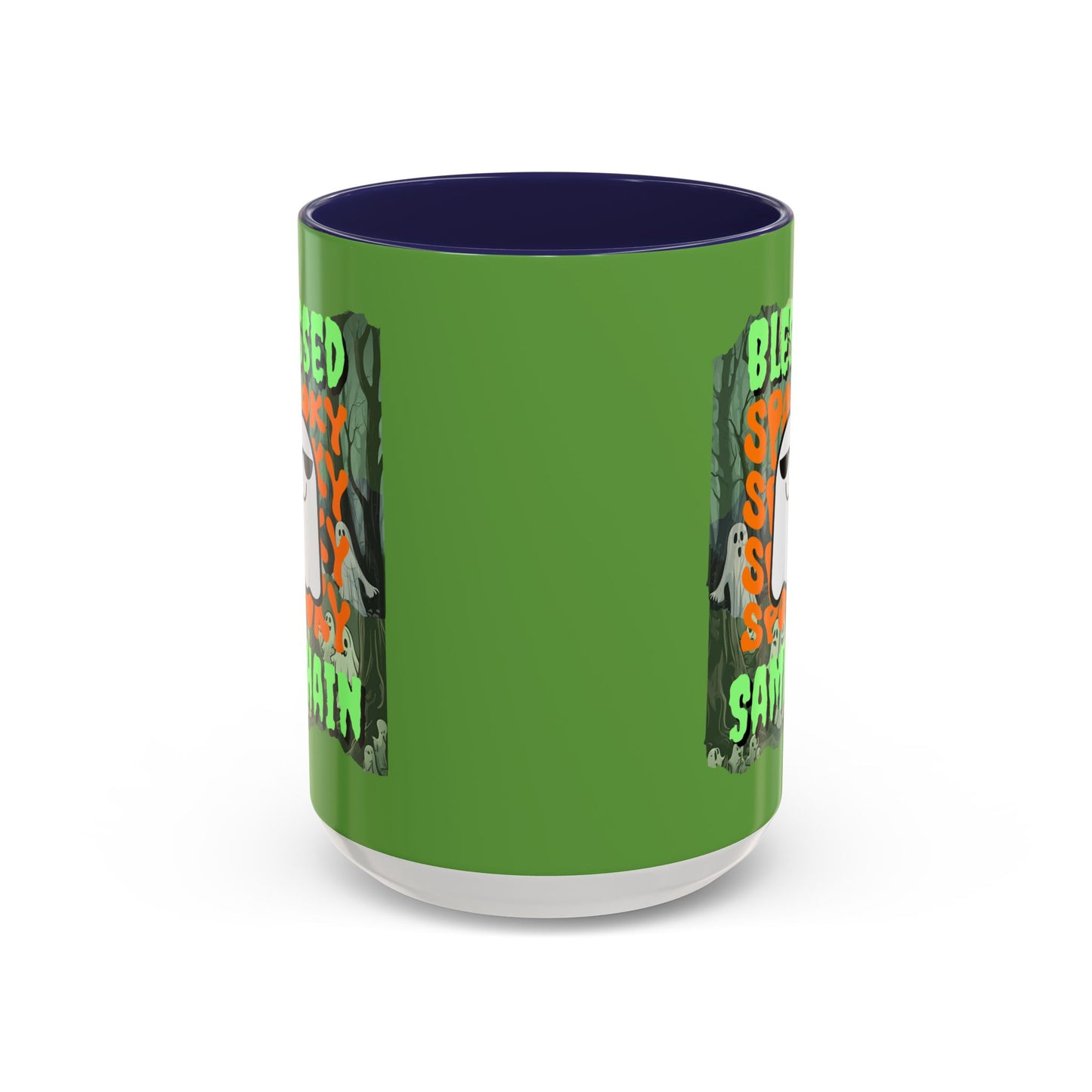 Spooky Blessed Samhain Ghost Green font Accent Mug by CreepyCrafts.boo