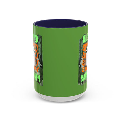 Spooky Blessed Samhain Ghost Green font Accent Mug by CreepyCrafts.boo