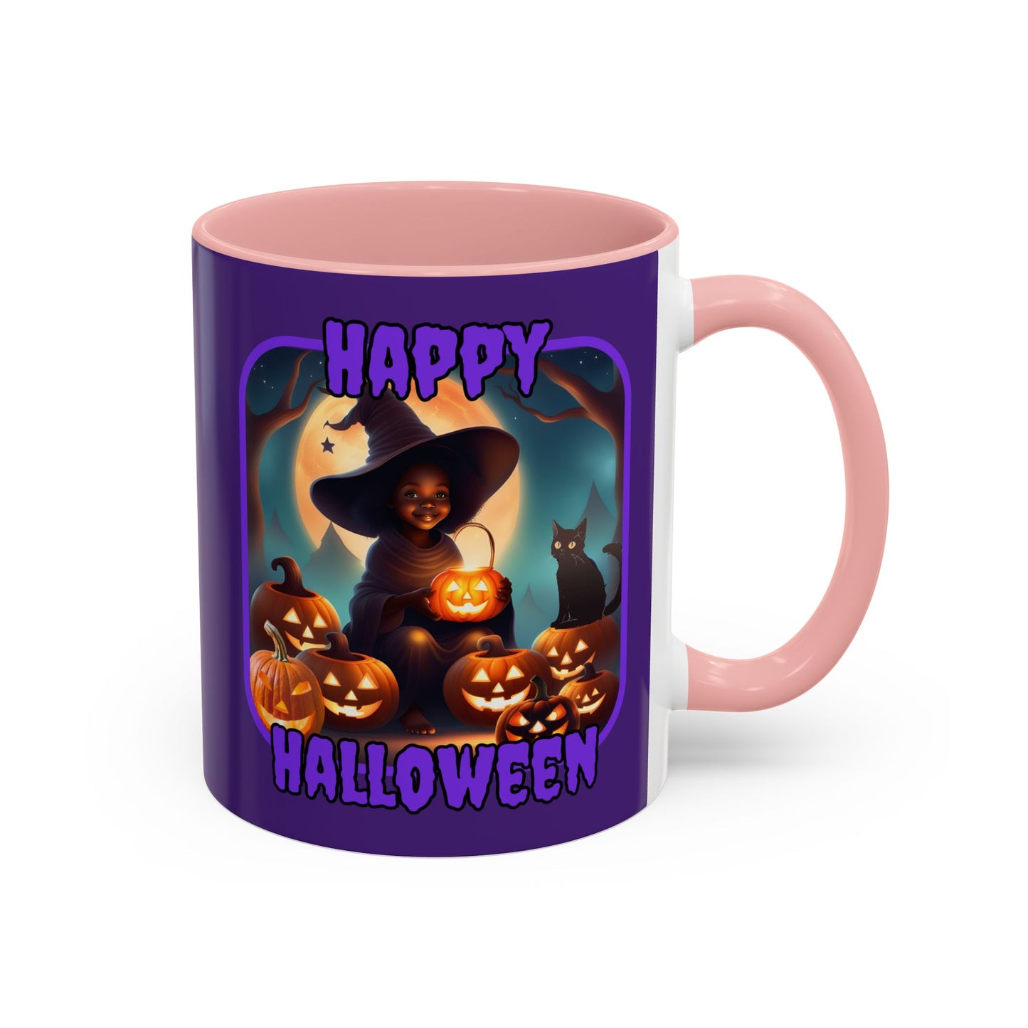 Happy Halloween Cute Witch Purple font Purple Accent Mug by CreepyCrafts.boo