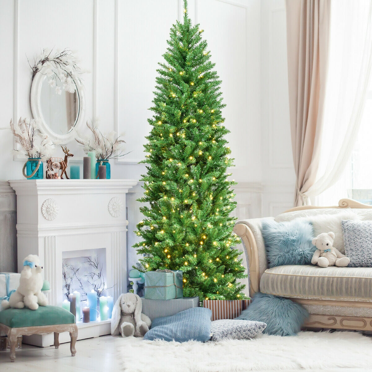 6 Feet PVC Hinged Pre-lit Artificial Fir Pencil Christmas Tree with 150 Lights