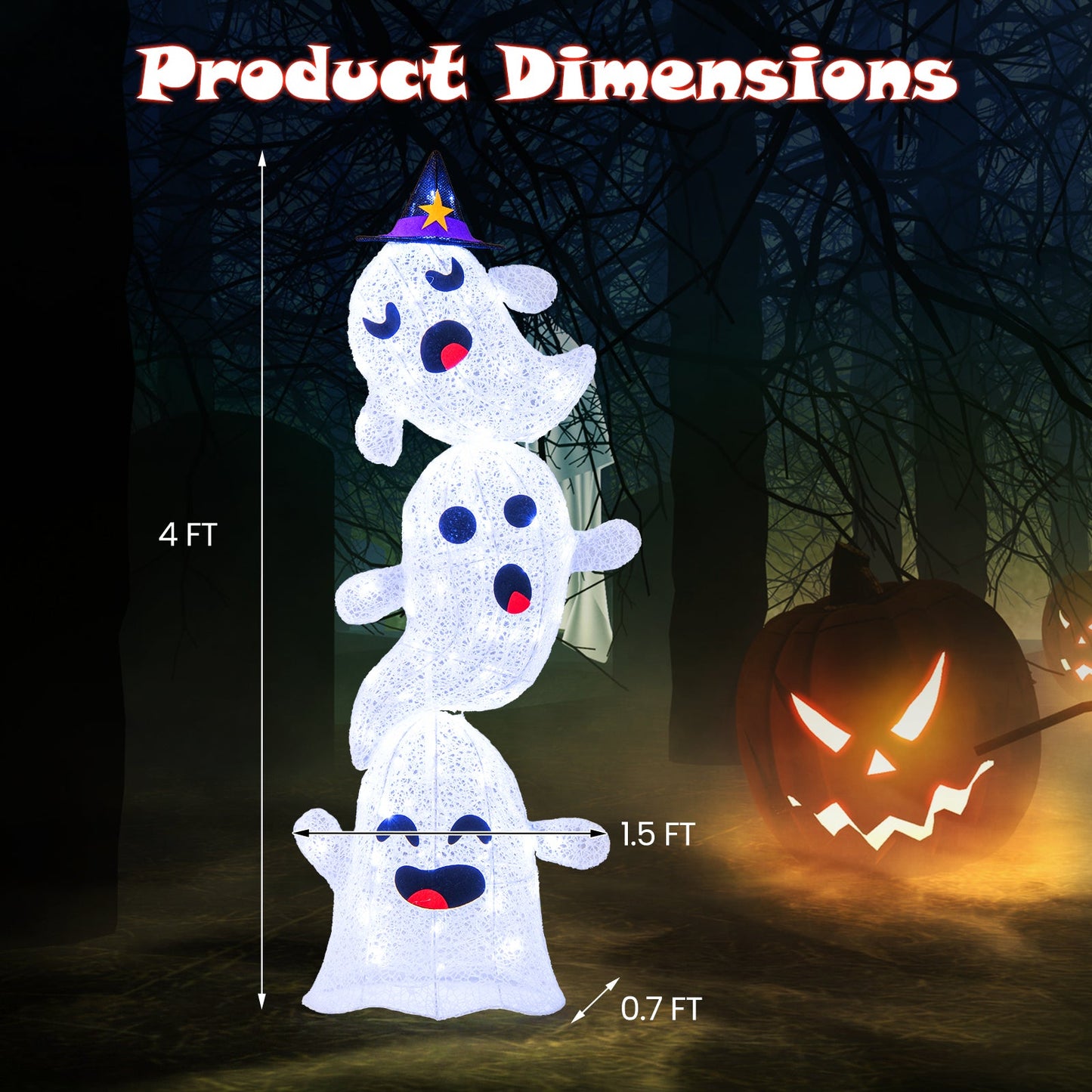 4 FT Lighted Standing Halloween Decoration Stacked Ghosts with 120 LED Lights