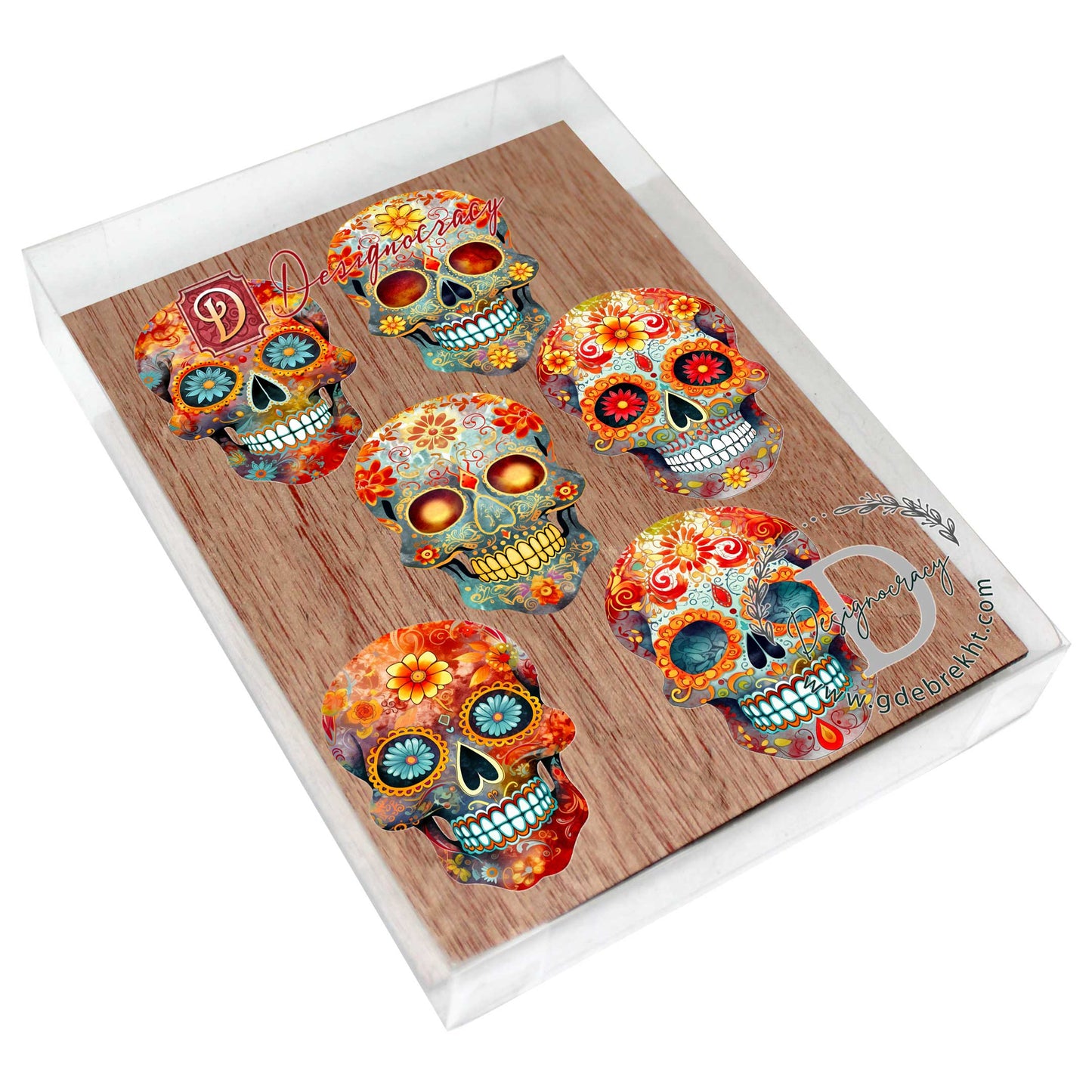 Sugar Skulls Clip-On Eco Wood Decorative Ornaments Set of 6 by G. Debrekht - Halloween Decor - 8090071C-S6