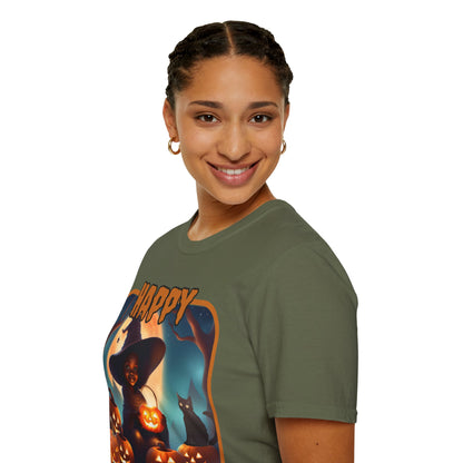 Happy Halloween Cute Witch Orange font, Dark colors, Unisex T-Shirt by CreepyCrafts.boo