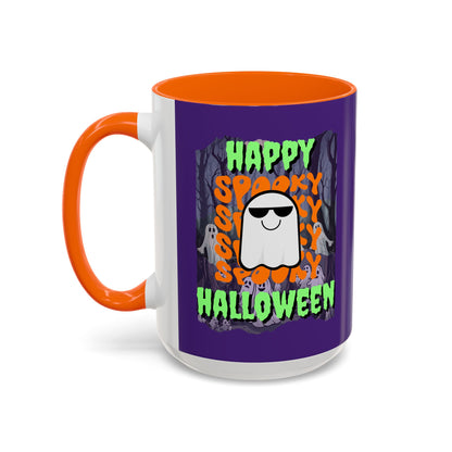 Spooky Happy Halloween Ghost Green font Purple Accent Mug by CreepyCrafts.boo