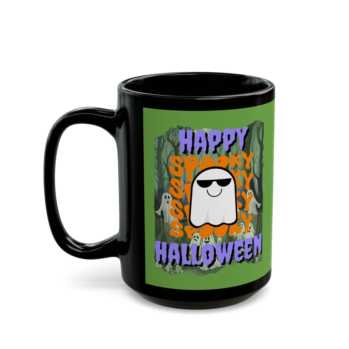 Spooky Happy Halloween Ghost Purple font Green Mug by CreepyCrafts.boo