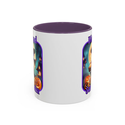 Blessed Samhain Little Witch Purple font White Accent Mug by CreepyCrafts.boo