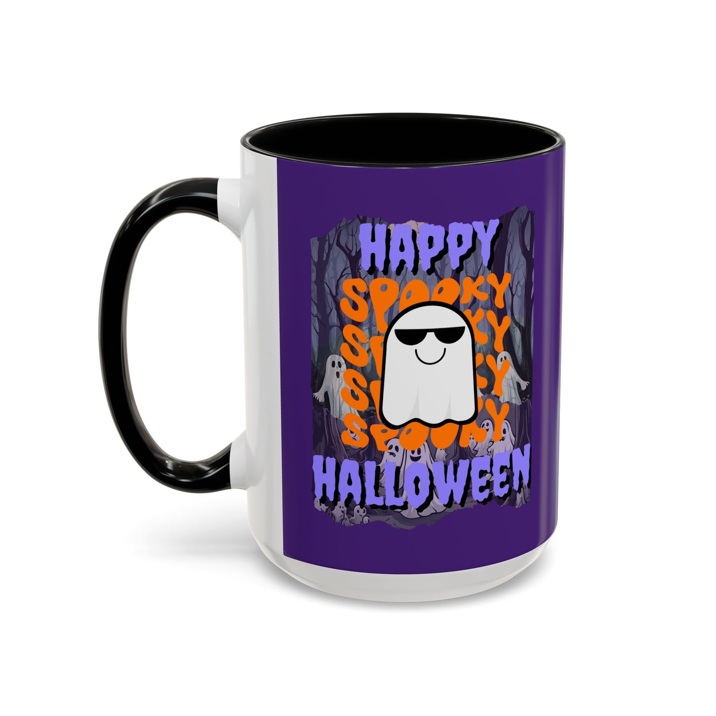 Spooky Happy Halloween Ghost Purple font Purple Accent Mug by CreepyCrafts.boo