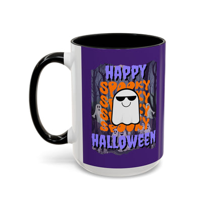 Spooky Happy Halloween Ghost Purple font Purple Accent Mug by CreepyCrafts.boo