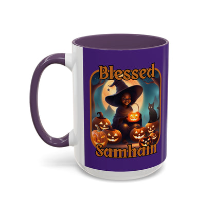 Blessed Samhain Cute Witch Orange font Purple Accent Mug by CreepyCrafts.boo