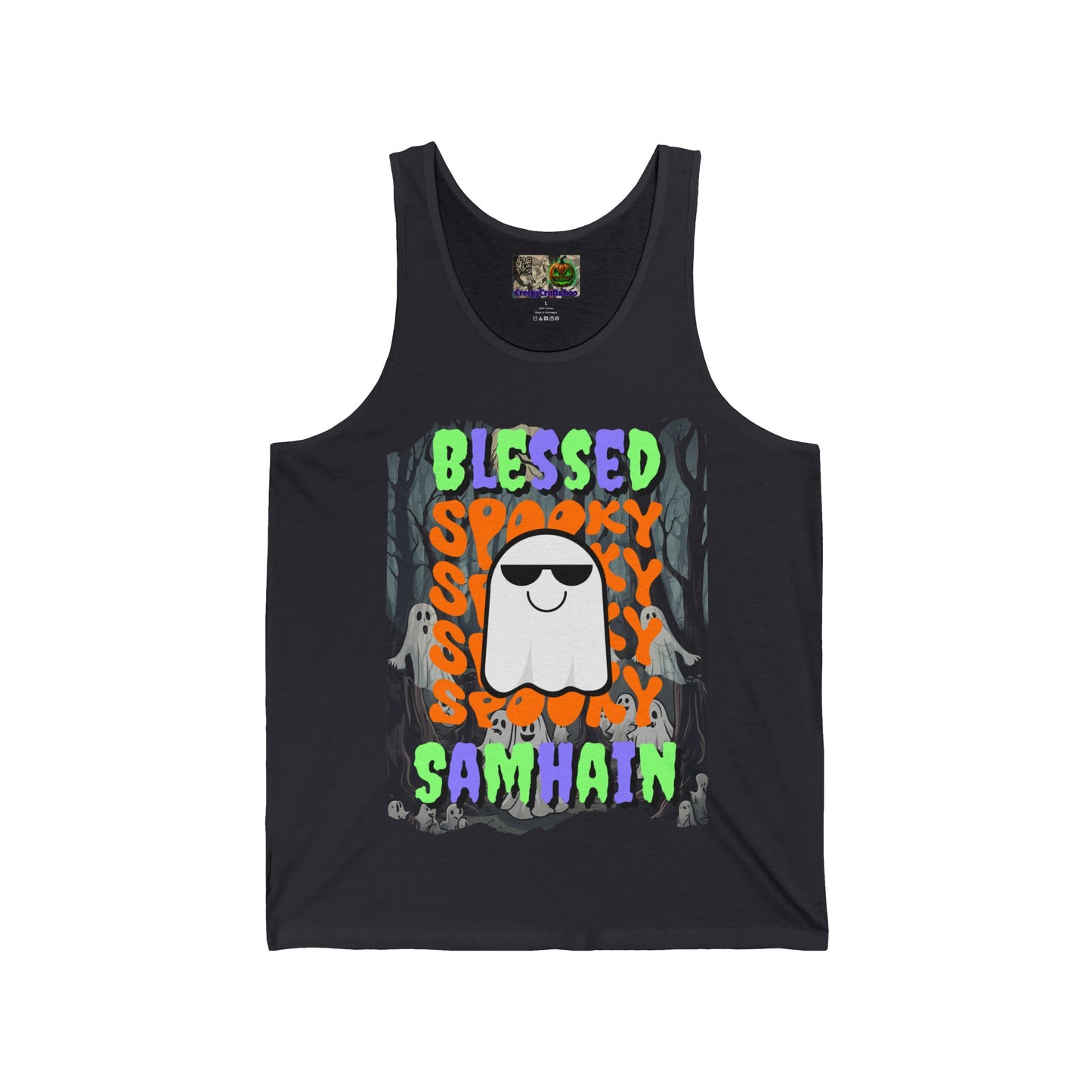 Spooky Blessed Samhain Ghost Mixed font Unisex Jersey Tank Top by CreepyCrafts.boo