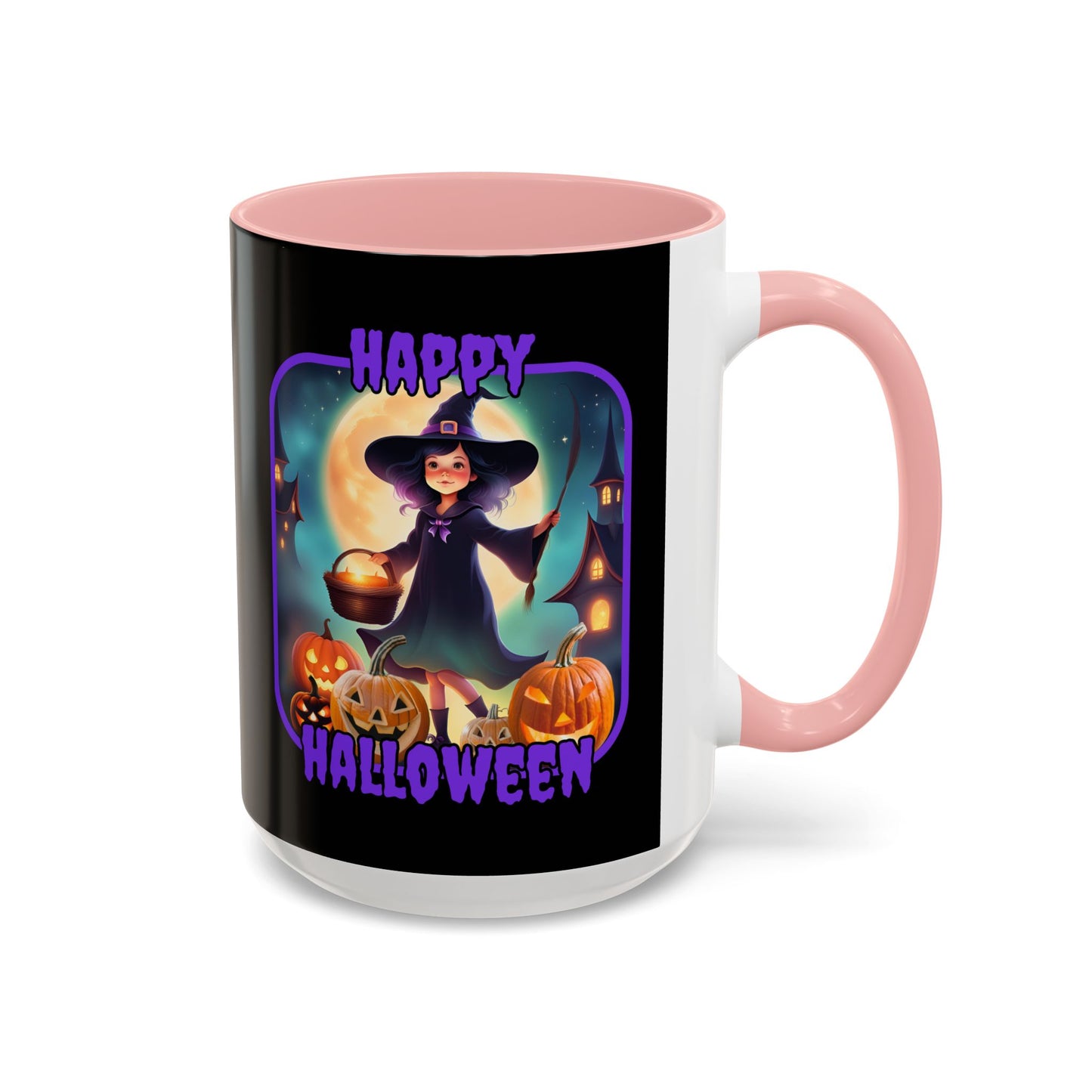 Happy Halloween Little Witch Purple font Black Accent Mug by CreepyCrafts.boo