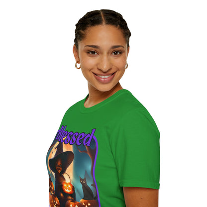 Blessed Samhain Cute Witch Purple font Dark colors Unisex T-Shirt by CreepyCrafts.boo