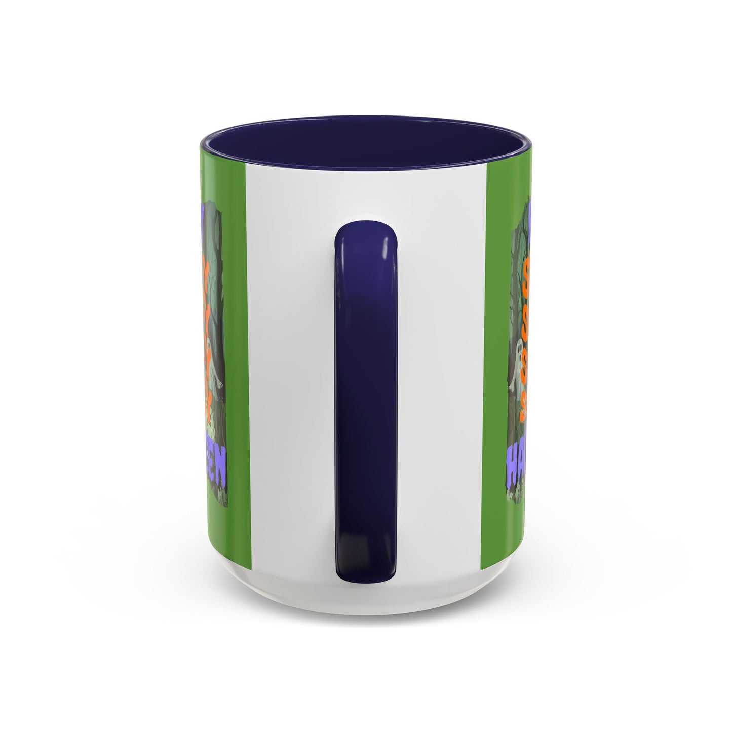 Spooky Happy Halloween Ghost Purple font Green Accent Mug by CreepyCrafts.boo